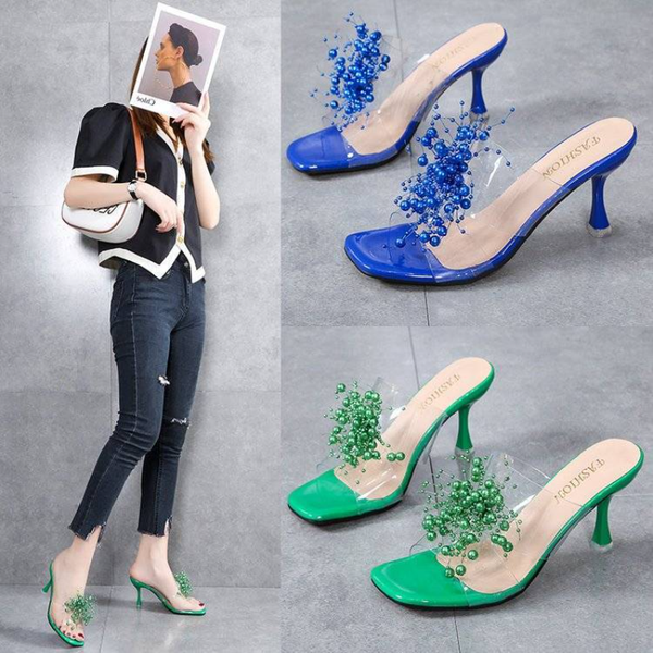 

size34-42 large womens shoes 41 wide fat feet new fashion square head transparent pearl everything with fine heel slippers, Black