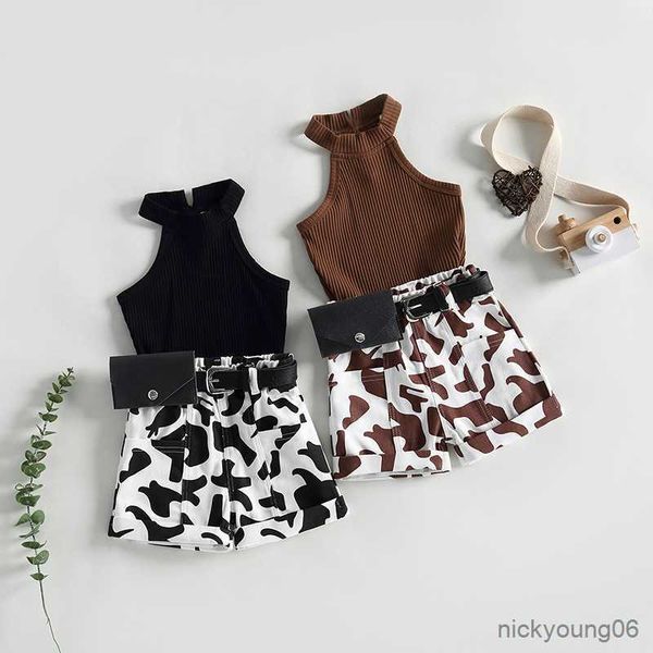 

clothing sets children summer outfit toddler girls solid color sleeveless ribbed vest and cow print shorts with waist bag, White