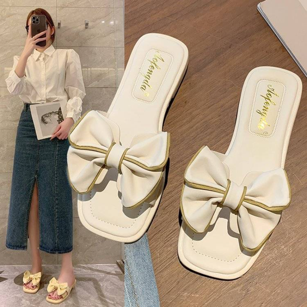 

sandals womens summer outside wear 2023 new square head bow flip-flops fairy wind flat non-slip slippers slippers women shoes, Black