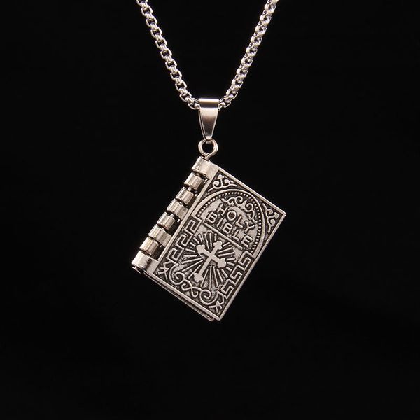 

1pc foldable bible cross pendant hip hop long book necklace, Silver