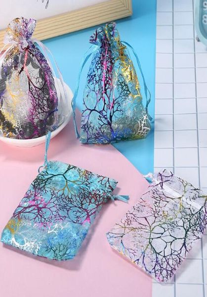 

coralline pattern gilding organza drawstring jewelry packaging pouches design party candy wedding favor gift bags 7x9cm 9x12cm 10x8440242, Pink;blue