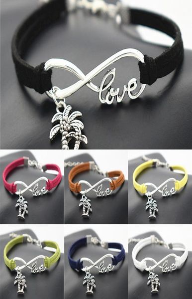 

fashion summer beach vintage plant antique infinity love double coconut palm tree charm leather bracelets gifts jewelry5220190, Golden;silver