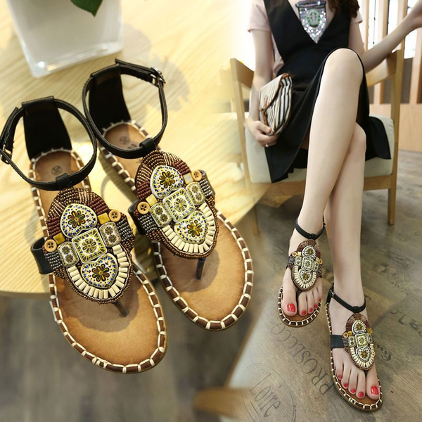 

ethnic style womens summer bohemian rhinestones beaded womens shoes fashionable comfortable flats womens sandals, Black