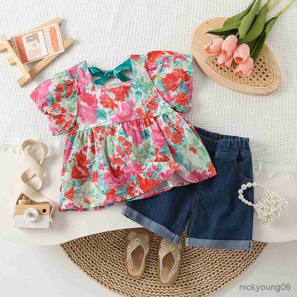 

clothing sets girls flower bow puffy short-sleeved blouse tshirts doll skirt shirt and denim shorts two-piece suits kids set, White