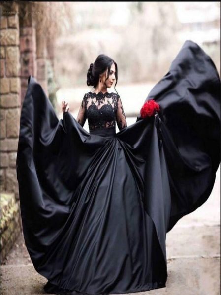 

bateau neckline long sleeve wedding gowns lace satin black wedding dresses lace appliques sequins gothic wedding dresses vestido d7544145, White
