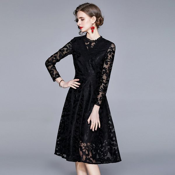 

2023 summer new european fashion women's black lace dress | long sleeve, a-line, floral print | polyester material | casual style | mid, Black;gray