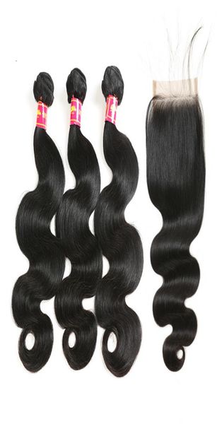 

body wave bundles with closure 3pcs virgin brazilian hair weave bundles with 4x4 transparent hd swiss lace closure1233482, Black