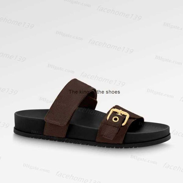 

elling luxury sandals slippers women bom bom dia flat mule ladies fashion leather printed brown flowers embossed canvas straps adjusted sand, Black