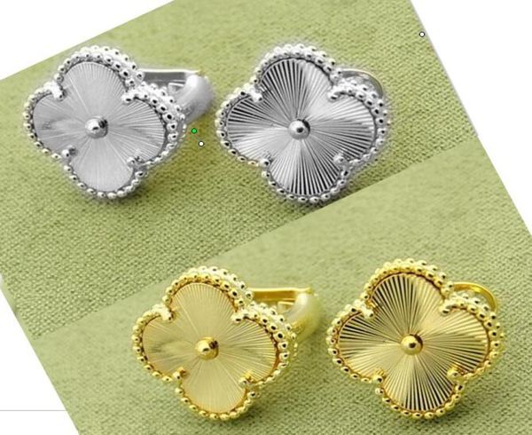 

fashion lady brass single motifs engrave grain golden four leaf flowers engagement 18k plated gold stud earrings 2 color 1700705, Golden;silver