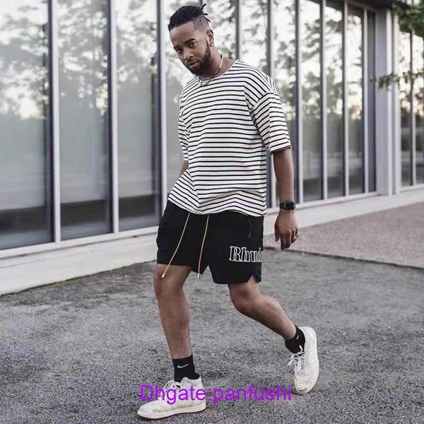 

wholesale designer rhude sport shorts for sale side letter print drawstring pill zipper high street black mesh lined beach pants, White;black