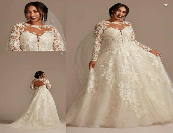 

oleg cassini lace illusion long sleeve plus size wedding dresses 2022 sheer oneck applique floral puffy skirt princess bridal gow2765635, White