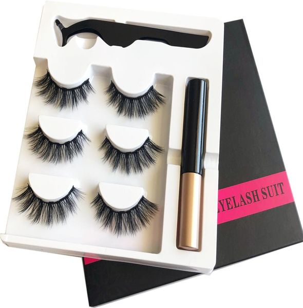 

3 pairs magnetic eyelashes false lashes liquid eyeliner tweezer eye makeup set 3d magnet false eyelashes natural reusable no glu1899632, Black