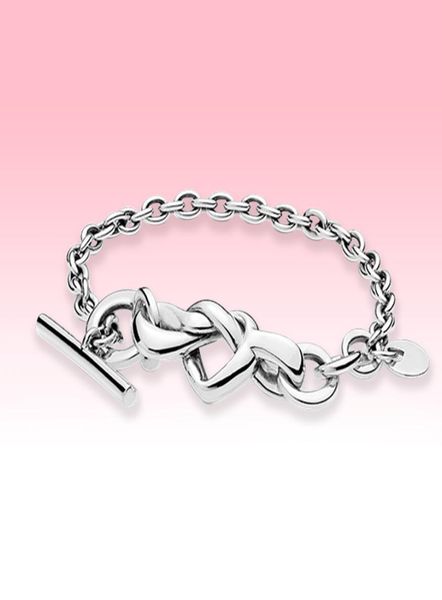 

925 sterling silver hand chain women wedding jewelry with original box for new knotted heart t-bar bracelet7229161, Golden;silver