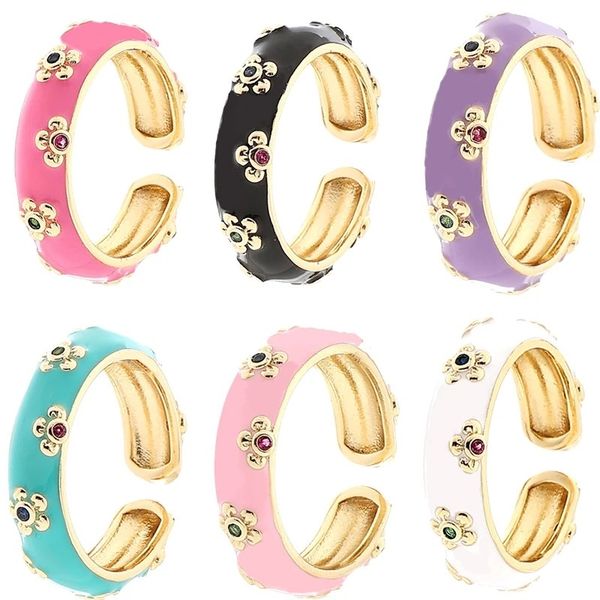 

y2k lovely flower copper rings with rainbow zircon bohemian style colorful open cuff ring for women wedding jewelry gifts, Silver
