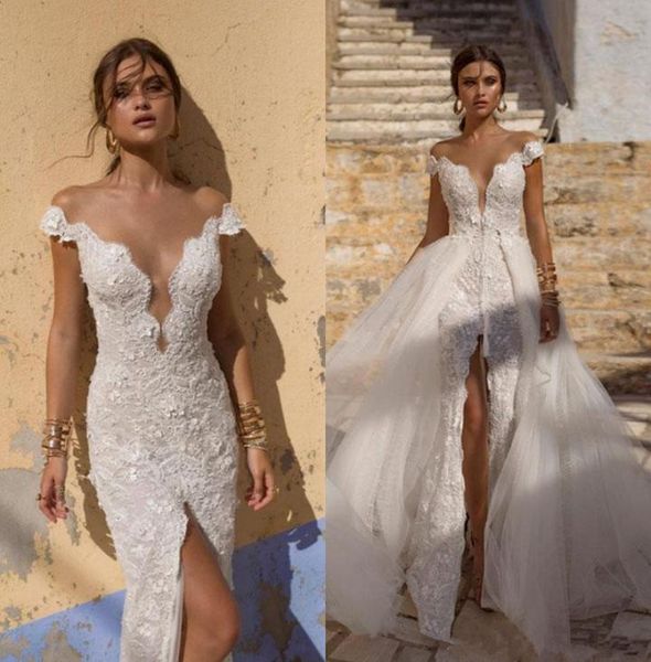

lian rokman wedding dresses sheer neck mermaid dress slit beach lace with detachable train bridal gowns6401334, White