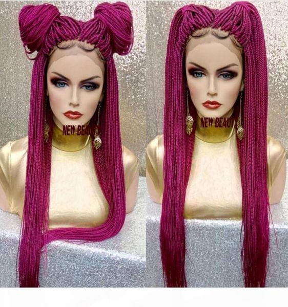 

2019 new pink red braided wigs with baby hair long box braids wigs glueless synthetic lace front wigs for black women heat resista2262108