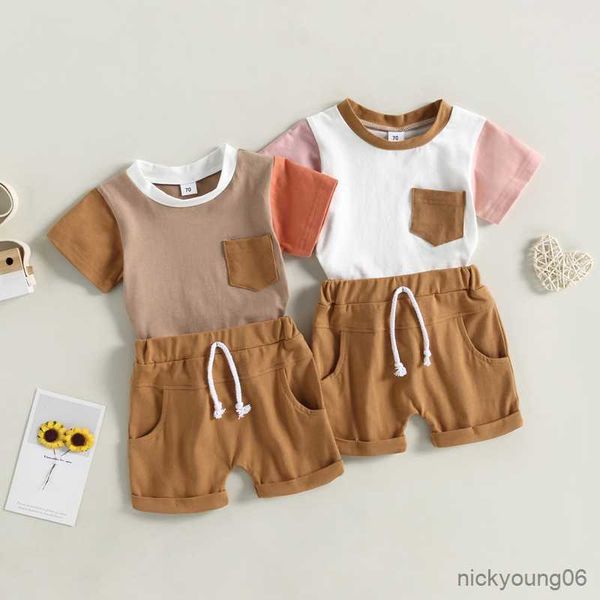 

clothing sets toddler baby boys girls summer clothes outfits short sleeve contrast color pocket t-shirts and drawstring shorts tracksuits, White
