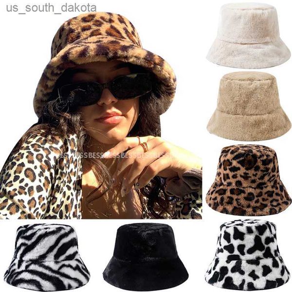

2023 faux fur bucket hat women men panama hat autumn winter cow leopard outdoor thicken keep warm fishing fisherman cap l230523, Blue;gray