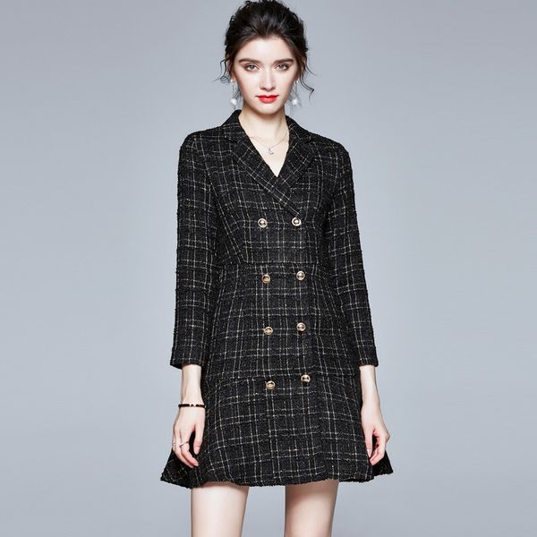 

women's long sleeve double-breasted tweed dress - basic & casual dresses - spring new arrival, empire silhouette, plaid pattern - black, Black;gray