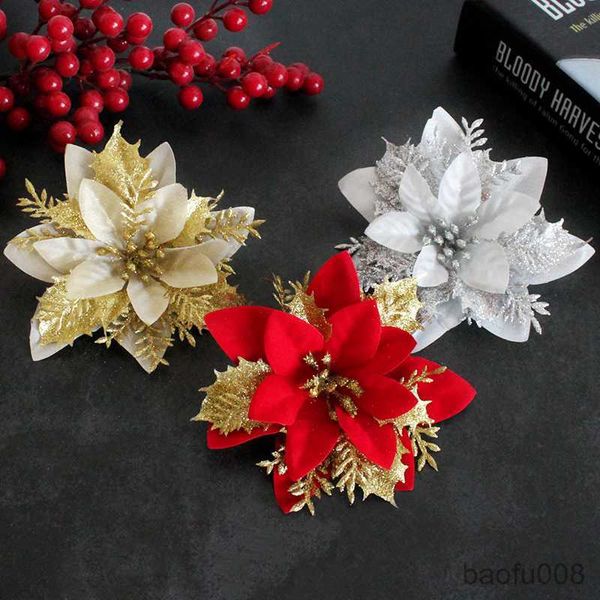 

sachet bags 5pcs 13cm glitter artificial christmas flowers xmas tree ornaments merry christmas decorations for home new year gifts r230605