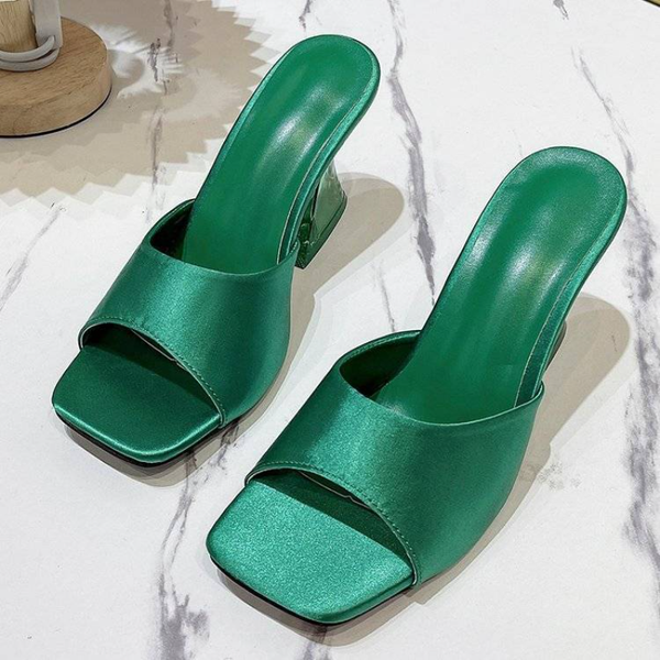 

36-43 plus size womens shoes 2023 new square head satin fishmouth sandals fashion crystal heel comfortable light slippers, Black