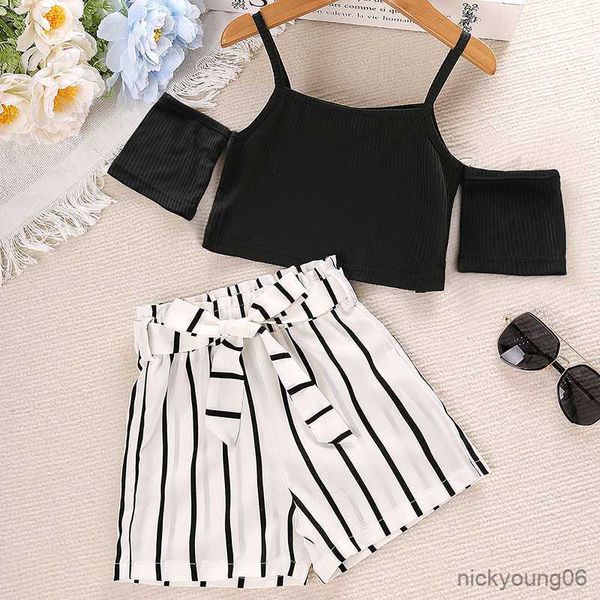 

clothing sets summer new style chidlren girls' suit suspenders short-sleeved tshirts and shorts two-piece children's clothing set, White