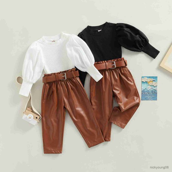 

clothing sets children girls autumn clothes outfit 2pcs solid puff long sleeve pullover pu leather pants kid, White