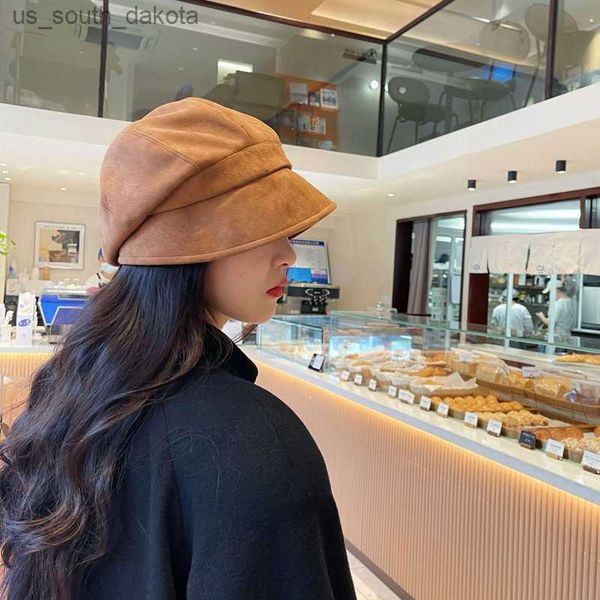 

new fisherman hat ladies autumn and winter suede french style fashion pile hats big head circumference show face small basin cap l230523, Blue;gray