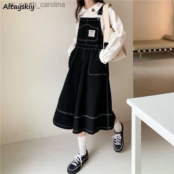 

midi denim dress for women sleeveless loose casual washed vintage all-match young students korean style fashion do old spring l230522, Black;gray