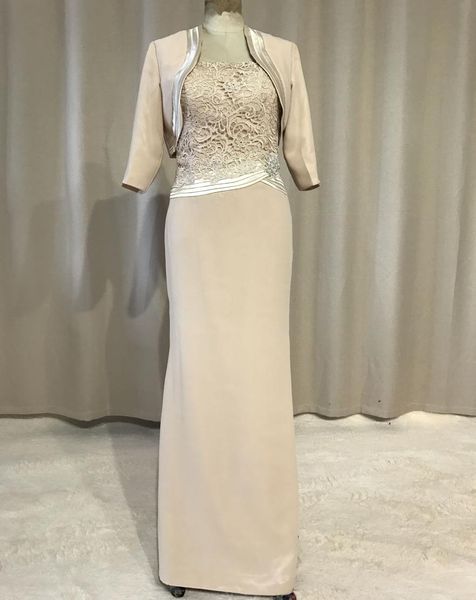 

selling new long column champagne mother of the bride dresses with jacket 34 sleeve straps bead lace chiffon formal gowns c5101323, Black;red