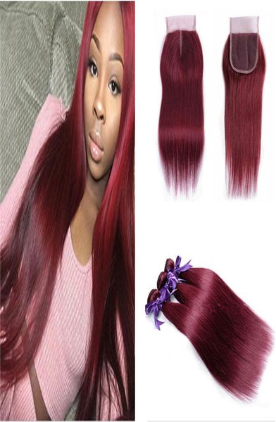 

99j human hair weave with lace closure burgundy straight brazilian virgin hair 3 bundles with lace closure wine red silk straight 6762754, Black;brown