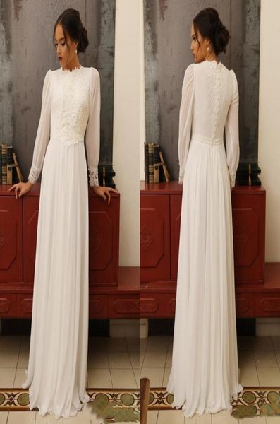 

vintage summer chiffon aline wedding dresses puffy long sleeves high neck appliques lace floor length bridal gowns1201664, White