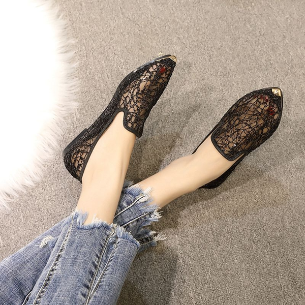 

summer womens mesh sandals flat heel fairy wind sequin hollowed out lace pointed single shoe breathable mesh shoes woman shoes, Black