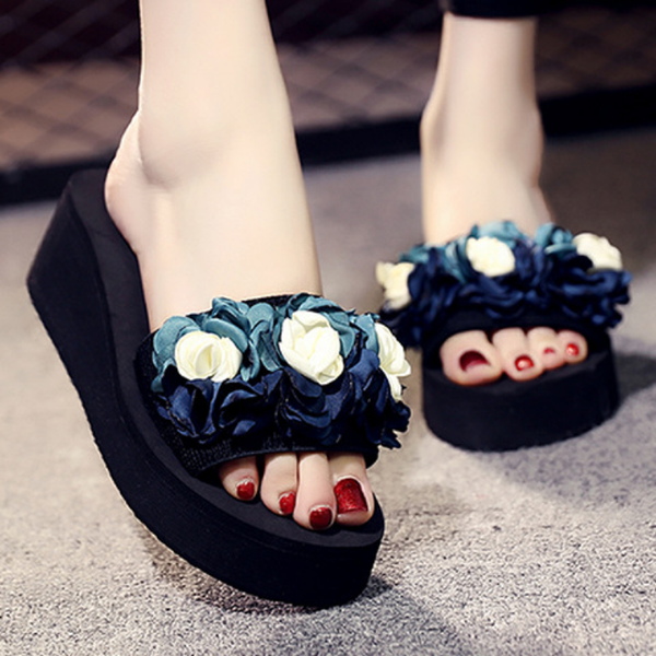 

womens shoes new elastic flat-bottomed wedge word ladies sandals muffins and slippers summer leisure and comfortable slippers., Black