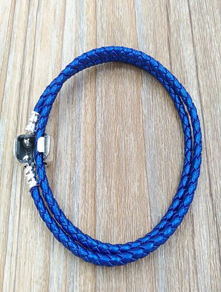 

blue double woven leather bracelet authentic 925 silverfit european style jewelry charms beads handmade andy jewel 590705csb-d2630258, Golden;silver