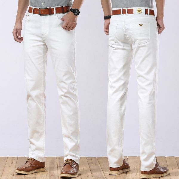 

spring summer men's white stretch jeans classic style thin loose straight business cotton slim trousers denim pants male brand, Blue
