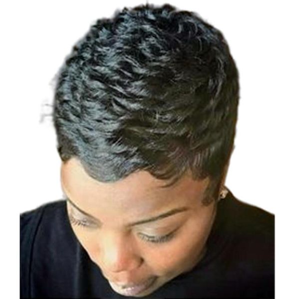 

short human hair wig with bangs full none lace front pixie cut machine made wigs for black women finger wavy wigs2369171, Black;brown