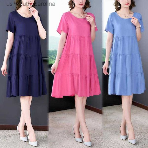 

women good cotton skirt o-neck short sleeve relaxed dresses summer lady clothes fashion young style vestidos e06 l230522, Black;gray