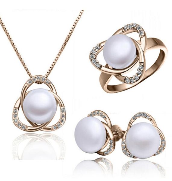 

high grade pearl necklace earrings rings sets flower shape jewelry alloy jewelry sets for women 14375396353, Slivery;golden