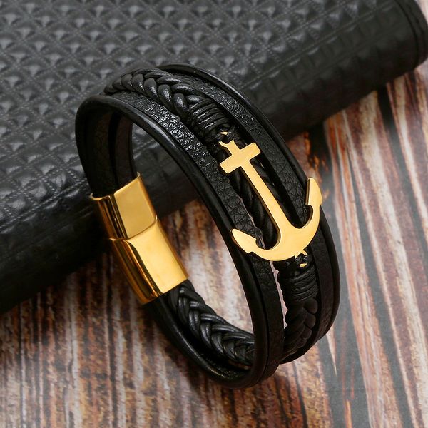 

Cool Black Brown Multi Layered Leather Anchor Charm Bracelet Stainless Steel Buckle Bangle for Lovers Gift