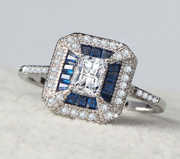 

fashion women039s wedding jewelry gifts white square zircon rings retro court style inlaid blue zirconia rings for engagement a3059668, Silver