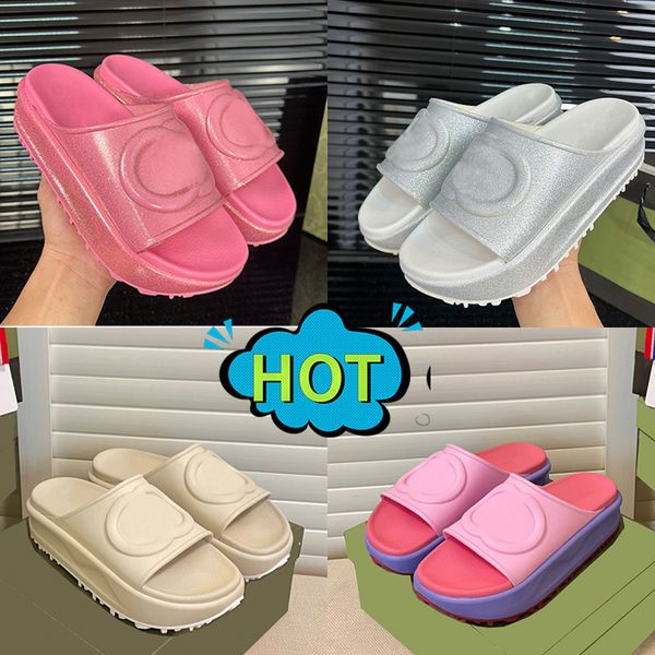 

womens platform slides slippers luxury sandals rubber slide mid heel embossed canva slipper mules brand designer women flat thick sole summe
