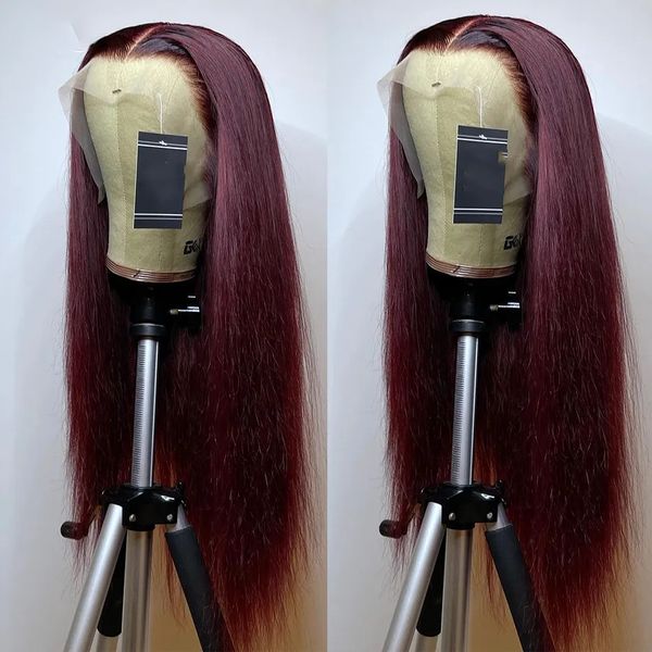 

preplucked soft 150%density 26inch burgundy 99j silky straight long natural hairline glueless lace front wig for women babyhair, Black