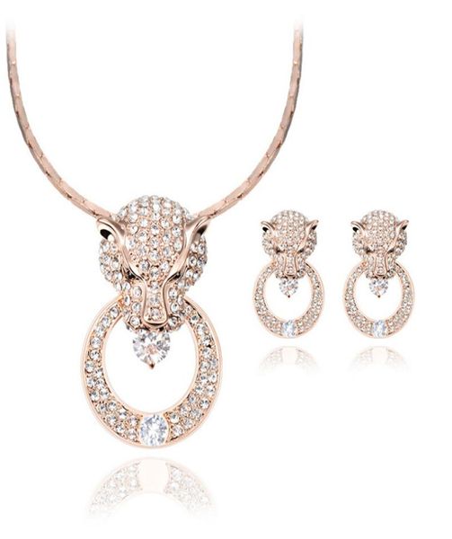 

model luxurious texture round leopard head necklace earrings sets 18kgp full rhinestone crystal jewelry sets for women cal28835253, Silver