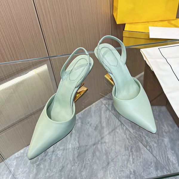 

rear sling slope root genuine leather dress shoes women's metallic special-shaped heeled sandals luxury designer high heels shoes facto, Black