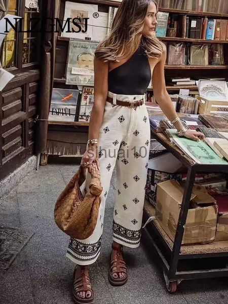 

women's pants capris nlzgmsj traf women vintage patchwork embroidery casual linen wide leg pants female chic high waist zipper ankle le, Black;white