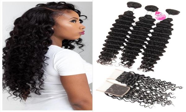 

brazilian deep wave bundles with closure 10a brazilian virgin hair wet and wavy human hair weave with lace closure middle 3 p1216007, Black