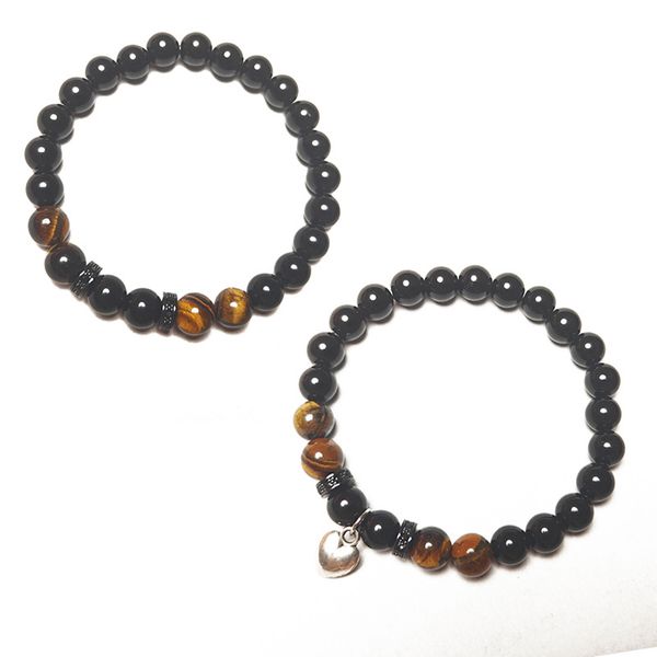 

8mm natural stone handmade heart beaded strands charm bracelets party club elastic fashion jewelry for men, Black