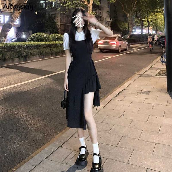 

short sleeve dress women elegant ins streetwear sweet young ladies korean style patchwork fake two pcs college summer leisure l230522, Black;gray
