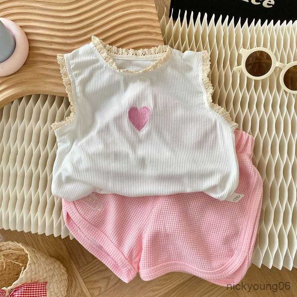

clothing sets cute children girl summer set sleeveless heart lace vest shorts pant bottom 2pcs outfits kids clothes 0-6years, White